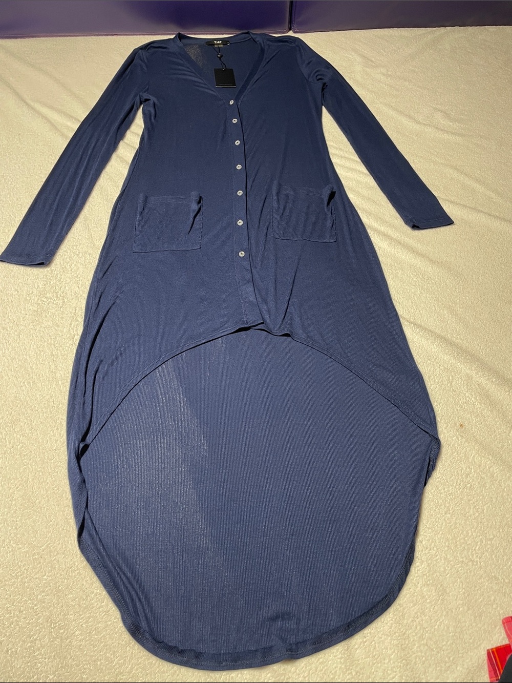 Very Soft Tart Navy Long-Sleeve High-Low Button Dress